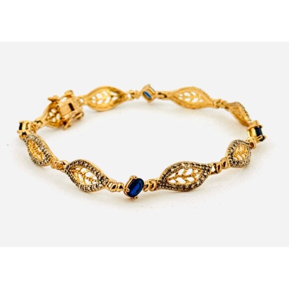 Estate 925 Gold Vermeil Blue Sapphire Tennis Bracelet 7” Two-Tone 8.4g - Picture 2 of 9